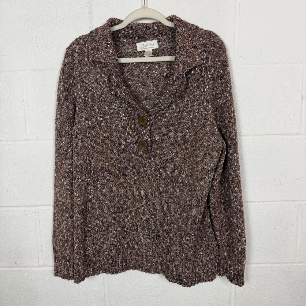 CJ Banks Womens Sweater Brown Chunky Shawl Collar Professor Preppy Academia 1X